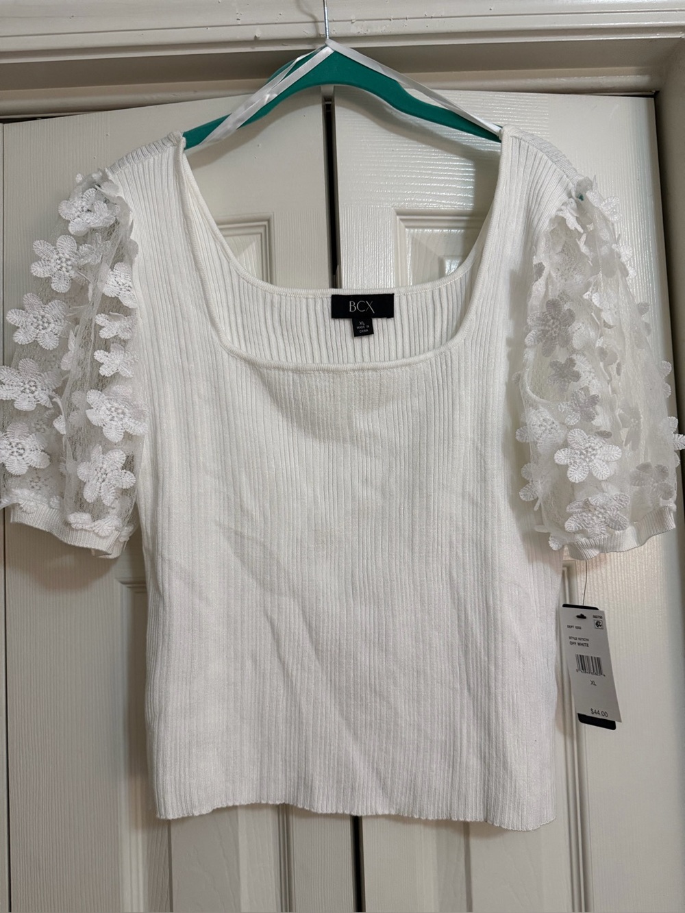 BCX White Ribbed Knit Top with Floral Lace Puff Sleeves